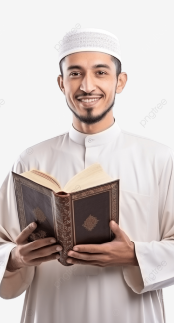 A person holding an open Quran while studying, with a thoughtful expression.