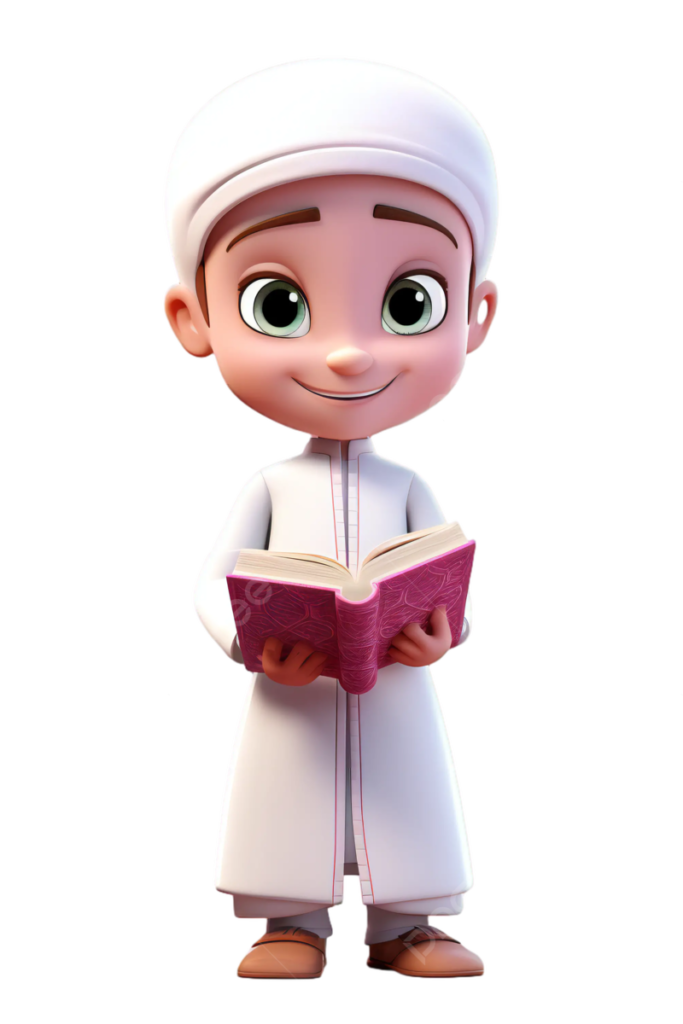 Illustration of a young boy reading the Quran online, focusing on islamic education