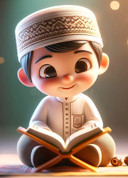 A cute animated child reading a book, representing Arabic language learning