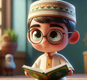 A cute animated child in traditional attire reading a book, symbolizing key features of Arabic language courses.