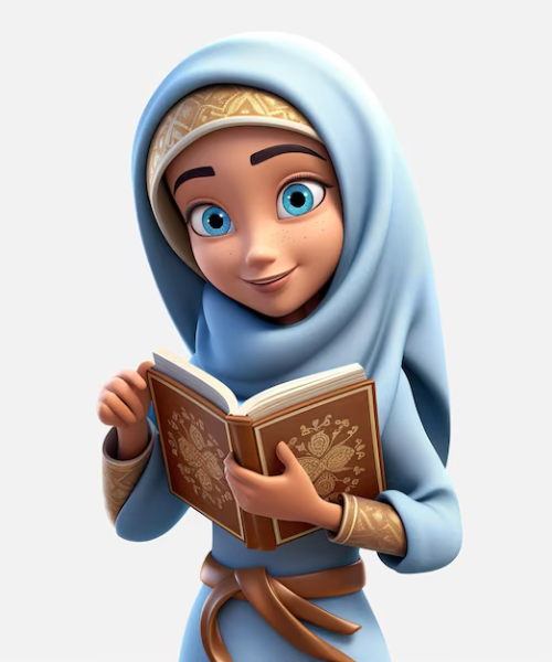 3d animated girl reading book and lerning islamic education