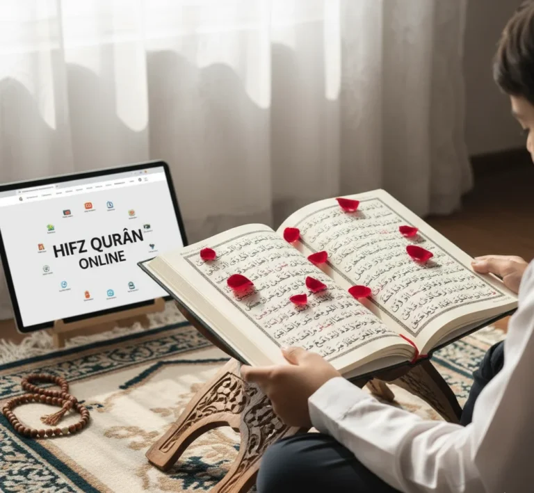 Child memorizing Quran with Mushaf and online class.