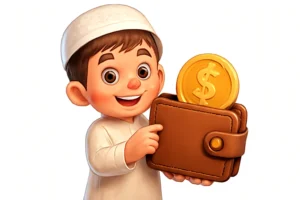 Cartoon boy holding a wallet with a dollar coin symbolizing affordable Quran tuition fees