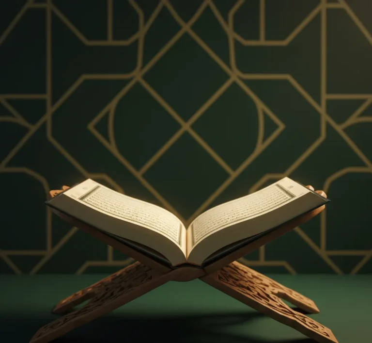 Open Quran on wooden rehal with golden light.