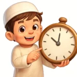 Cartoon boy pointing at a vintage clock representing flexible Quran learning schedules.