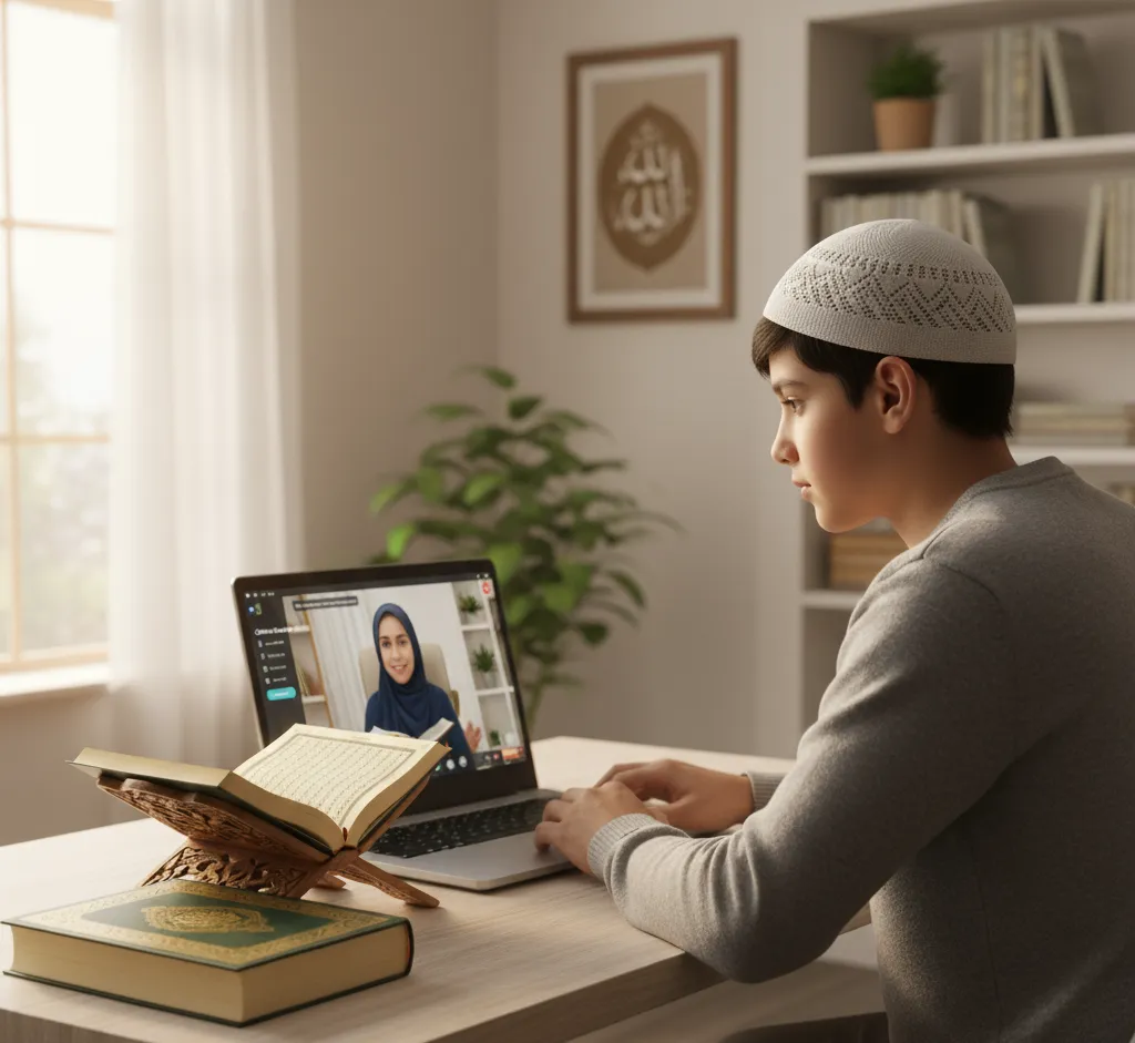 Student attending Quran class online with laptop.