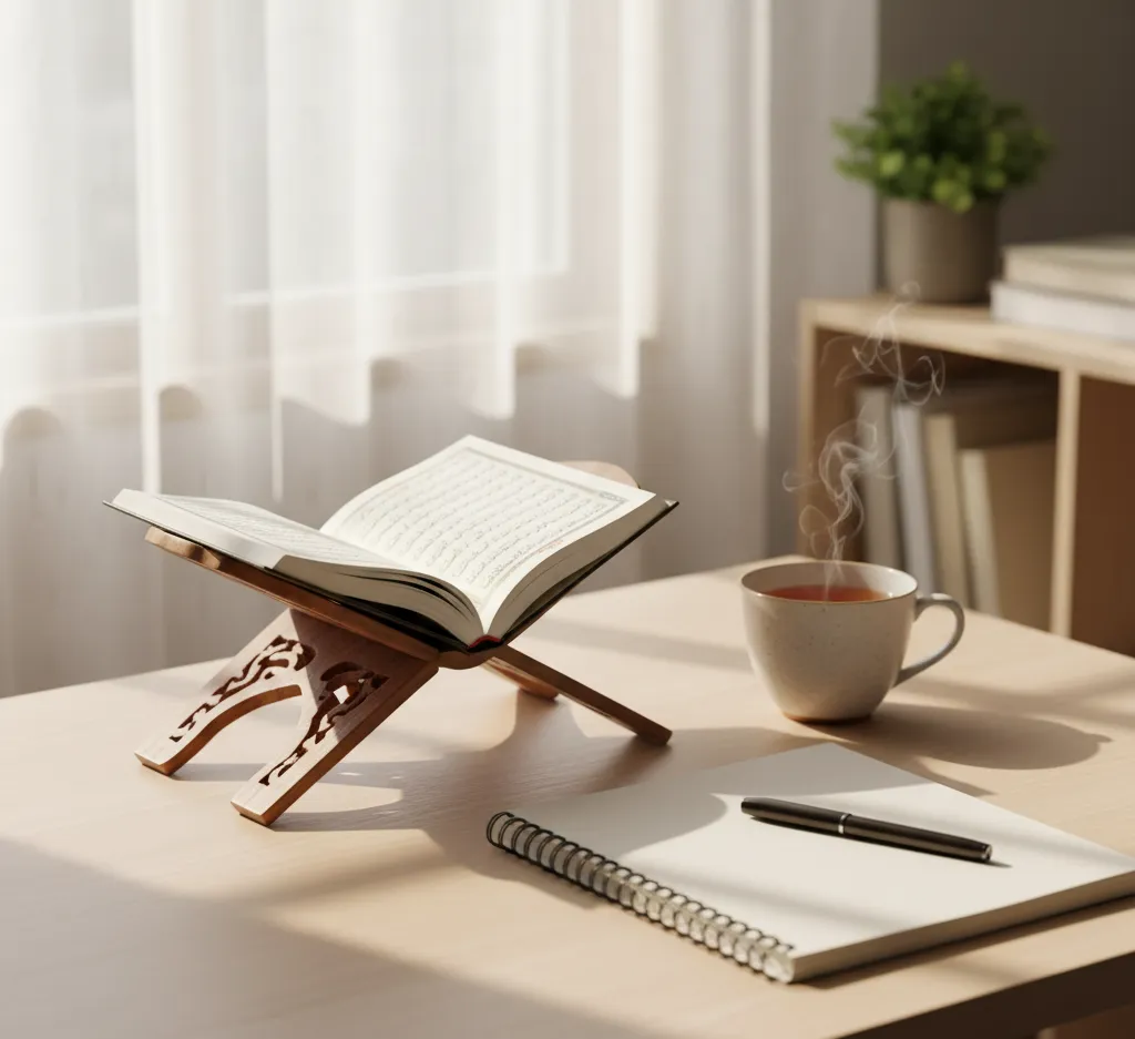 Quran with notebook and pen on desk.