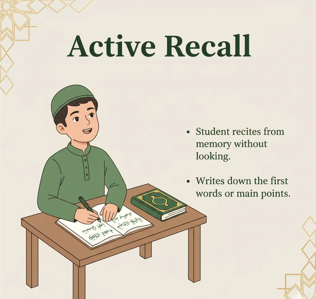Infographics showing kid reading Quran and writing important point.