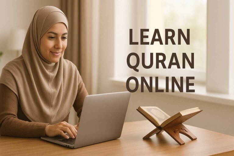 A Muslim adult studying the Quran online at home with a laptop and a Mushaf on a stand beside them