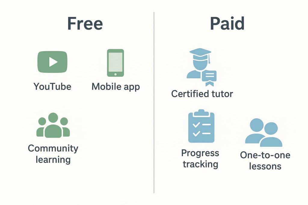Infographic comparing free and paid Quran learning online, showing differences in structure, feedback, and progress