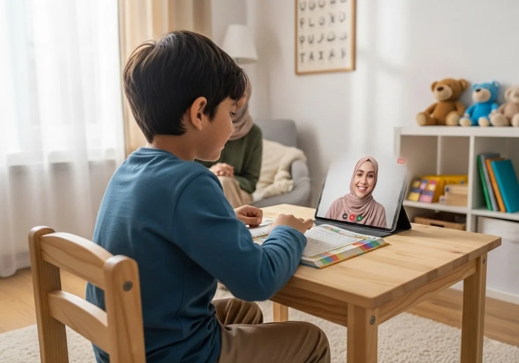 Child learning Quran online with female tutor on tablet, using Noorani Qaida.