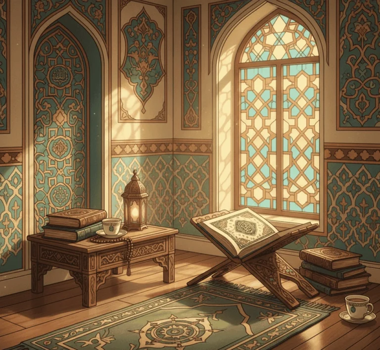 Sunlit Islamic reading corner with open Quran on rehal, arabesque walls, stained-glass window, lantern, and books on a patterned rug.