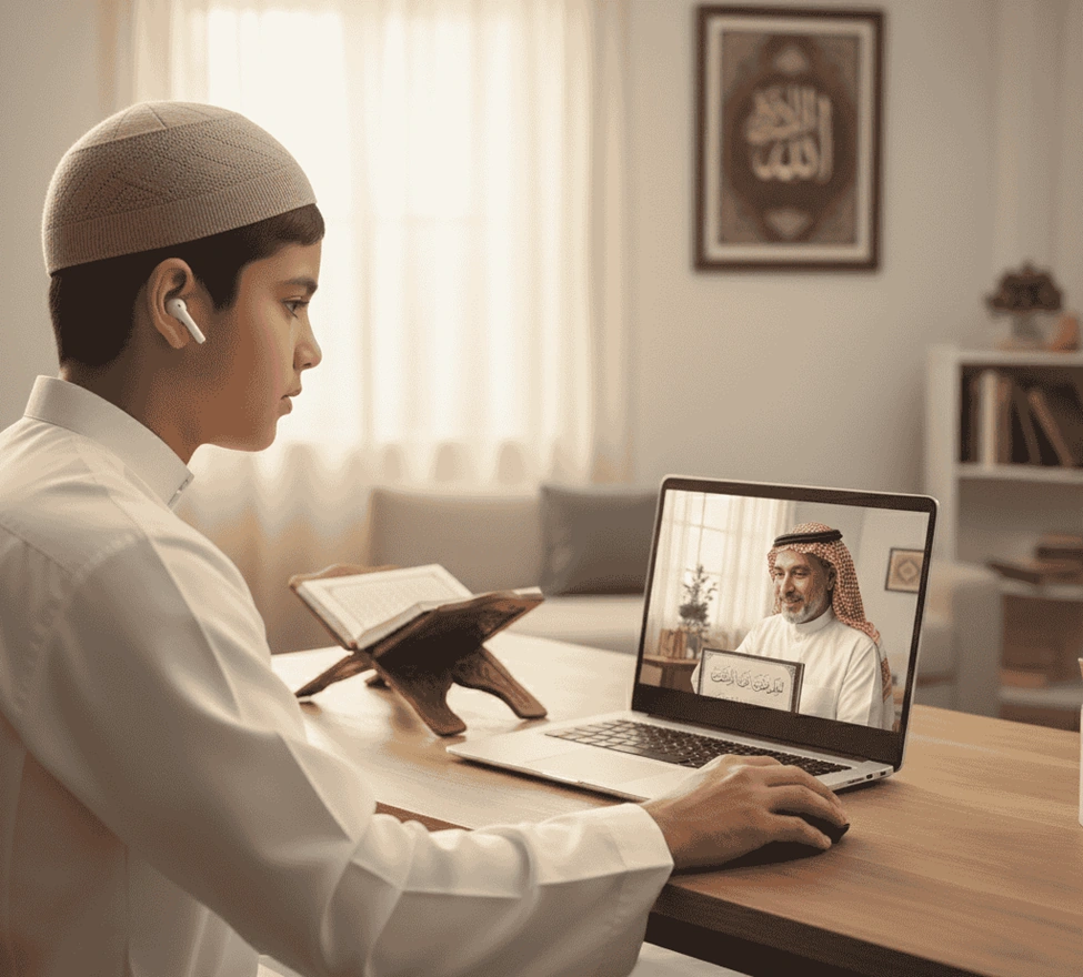 Muslim boy attending an online Quran class on a laptop, mushaf on stand beside him.