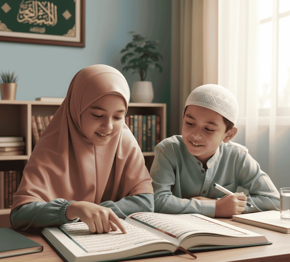 Muslim children studying the Quran together at a desk in a bright home classroom.