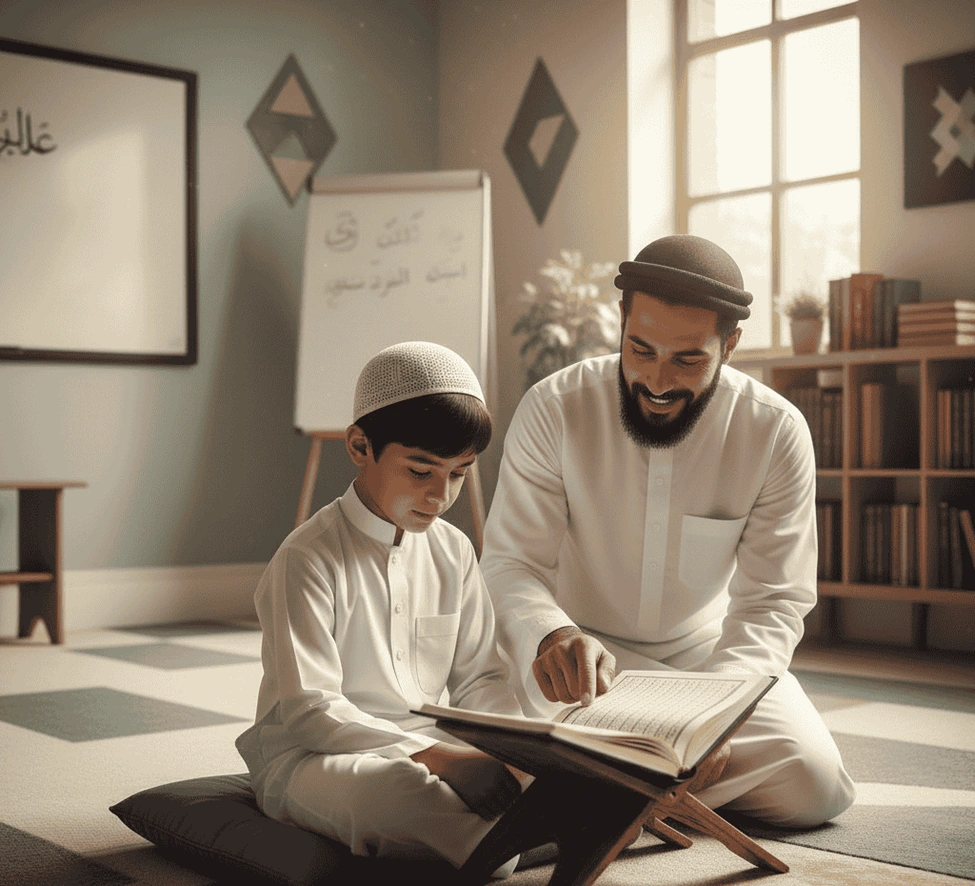 Quran teacher guiding a young boy during recitation lesson in a sunlit classroom.