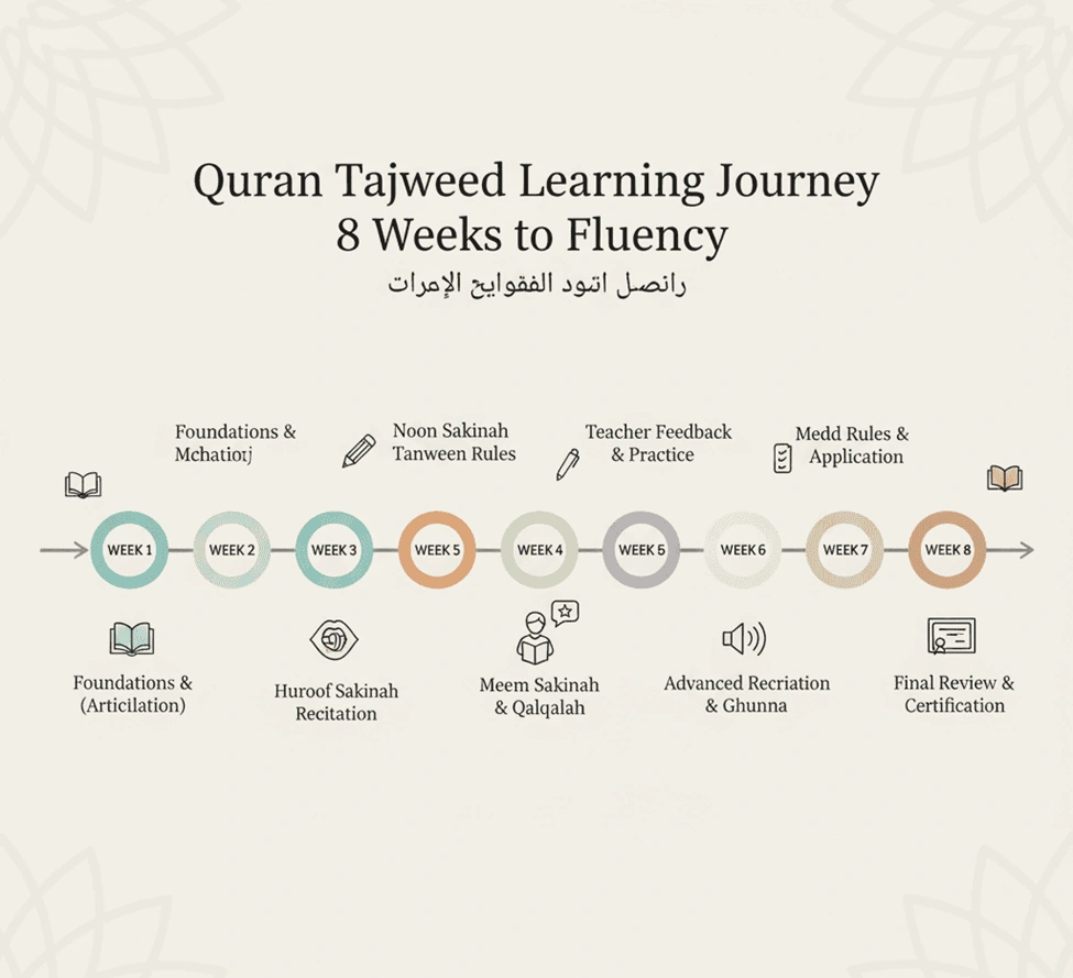 Infographic: 8-week Quran Tajweed course outline-foundations to final review and certification.