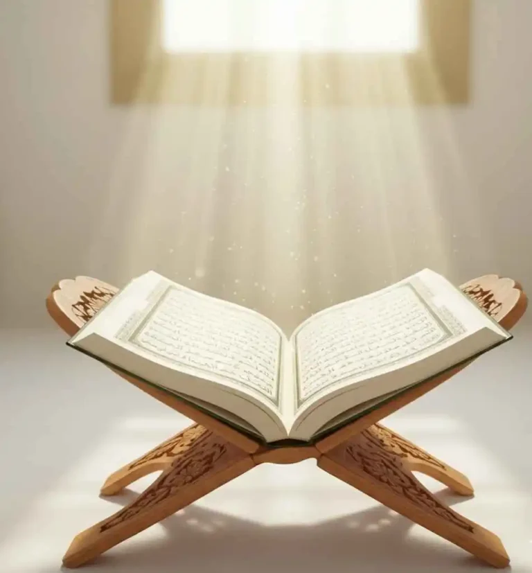 Open Quran placed on a wooden rehal with sunlight streaming through a window, symbolizing divine guidance and spiritual light.