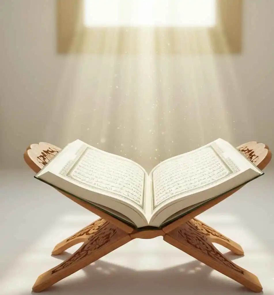 Open Quran placed on a wooden rehal with sunlight streaming through a window, symbolizing divine guidance and spiritual light.