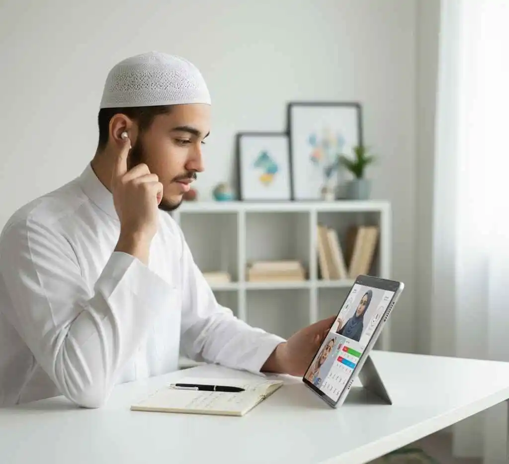 Muslim man learning Quran online using a tablet and earphones during a virtual Tajweed class in a bright modern study room.