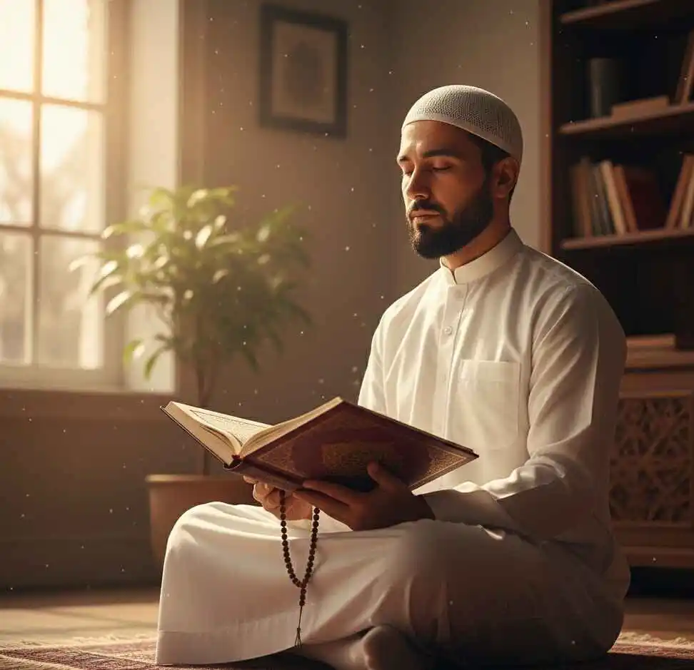 Muslim man peacefully reciting the Quran while sitting on the floor in a sunlit room, holding prayer beads and reflecting during his Tajweed practice.