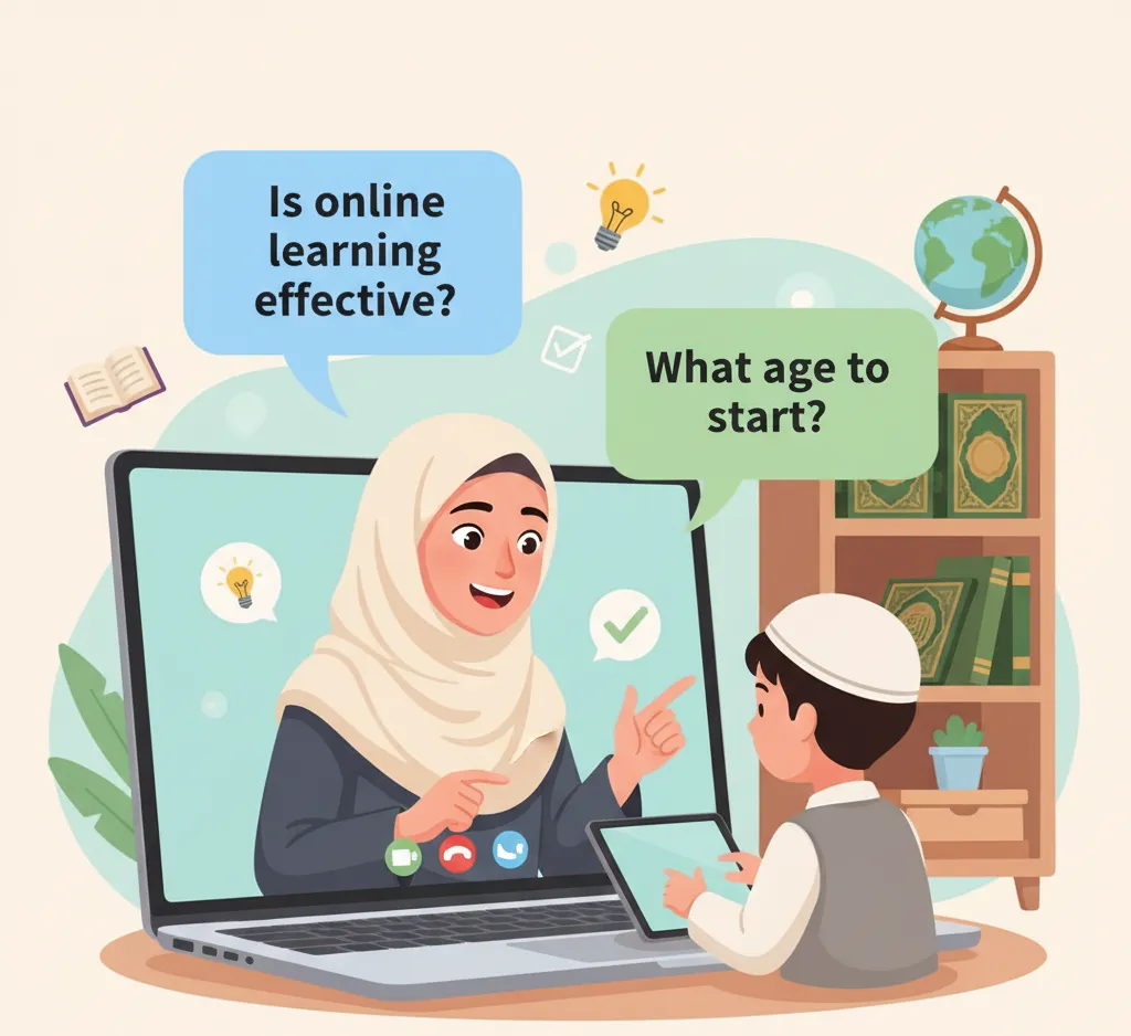 Online Quran tutor addressing parents’ questions about effective and age-appropriate learning.