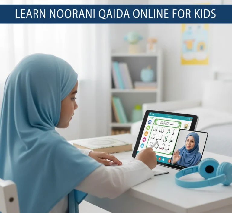 Learn Noorani Qaida online for kids with interactive Quran classes on tablet.
