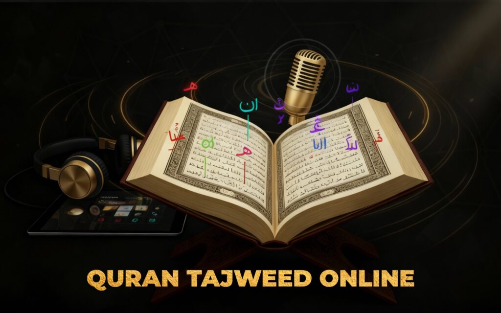 Open Quran with colorful Tajweed markings, headphones, and a golden microphone representing online Quran Tajweed learning.