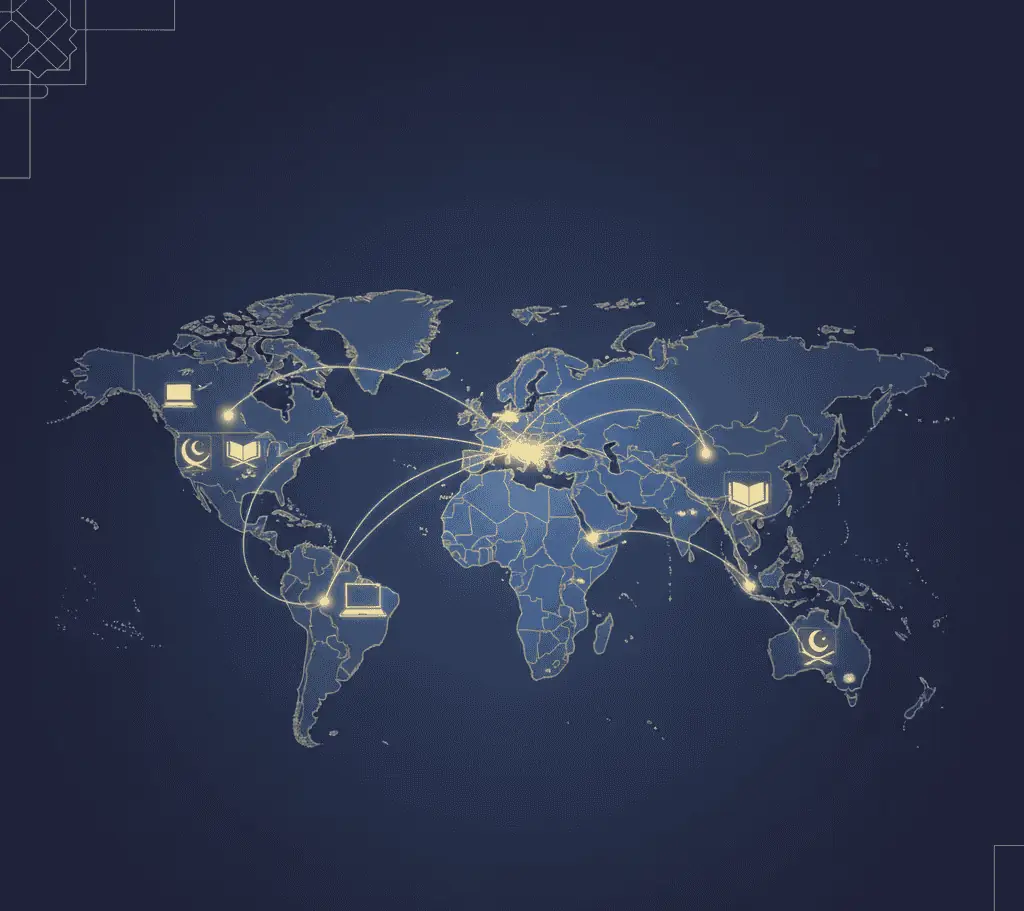 Global Quran academy network shown on world map connecting students and teachers across countries