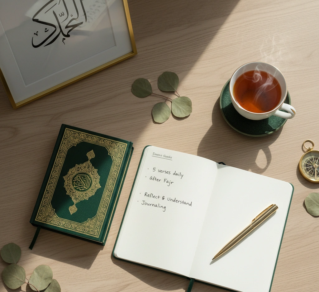 Open Quran and journal on a wooden desk beside a cup of tea, golden pen, and compass, symbolizing peaceful Quran reflection, Islamic journaling, and mindful morning study routine.