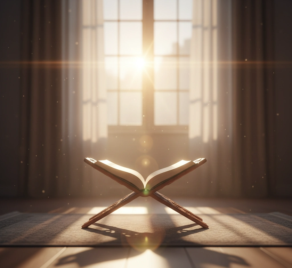 Open Quran placed on a wooden rehal with sunlight streaming through a window, creating a warm and peaceful atmosphere for recitation.