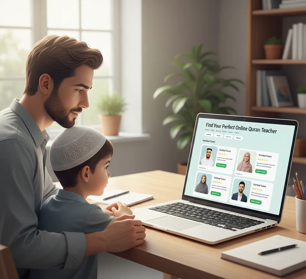 Parent and child selecting online Quran class with verified tutors and safe environment.