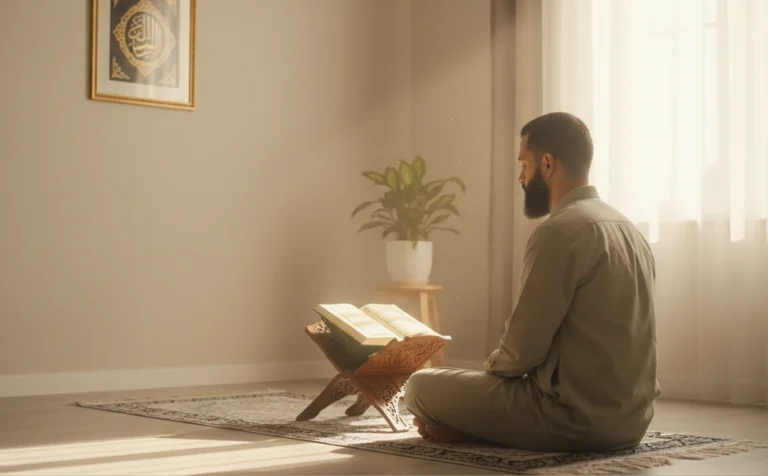 Man Reading the Quran in Peaceful Morning Light | Islamic Spiritual Reflection