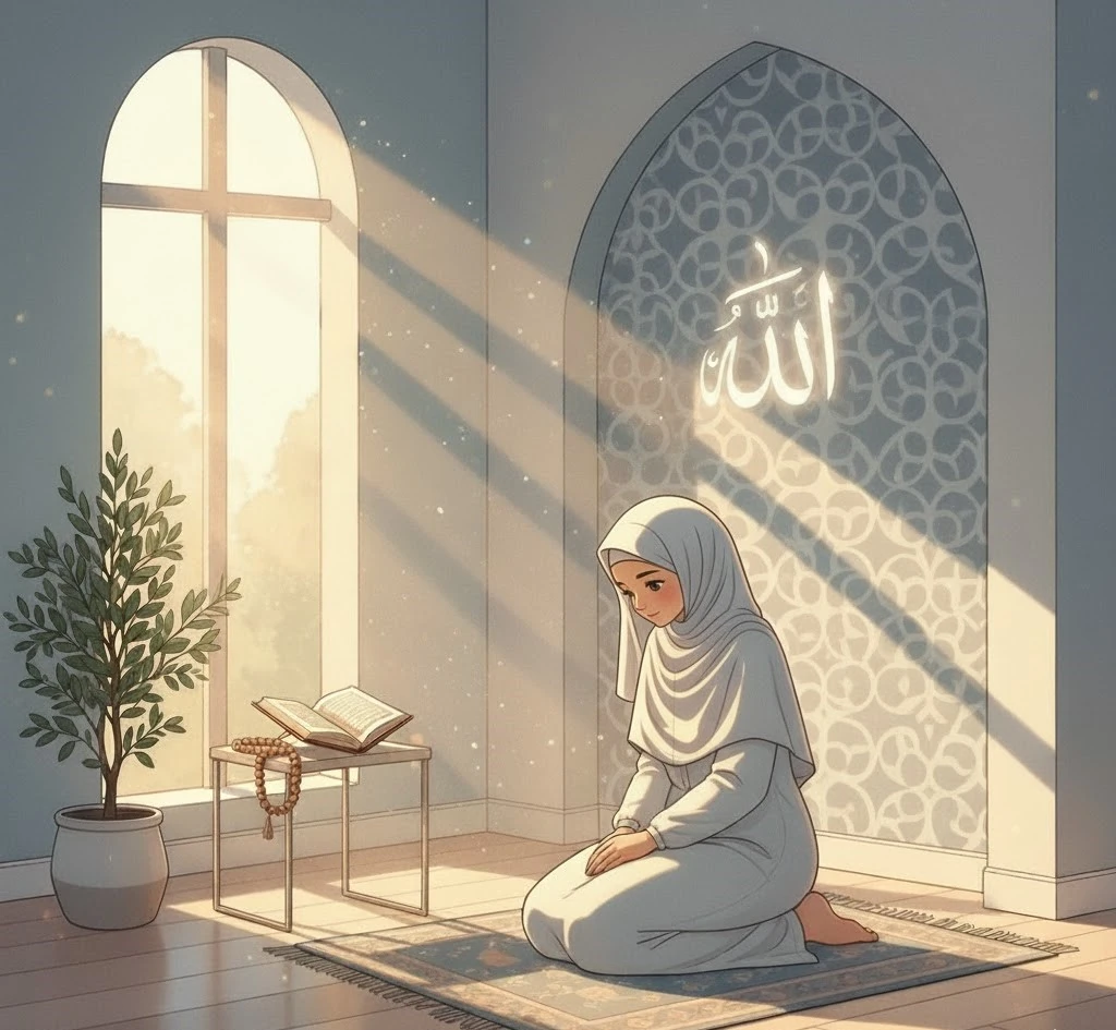 Muslim woman praying on prayer mat with Quran and sunlight streaming through window