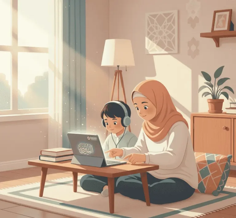 Child learning Quran online through video class with teacher