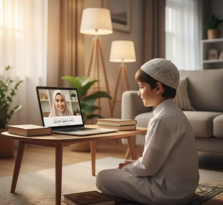 Young Muslim child learning the Quran with a certified tutor in a peaceful home classroom setting