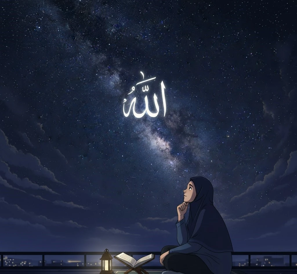 Muslim woman gazing at starry night sky with ‘Allah’ in Arabic, Quran and lantern creating a peaceful spiritual scene.