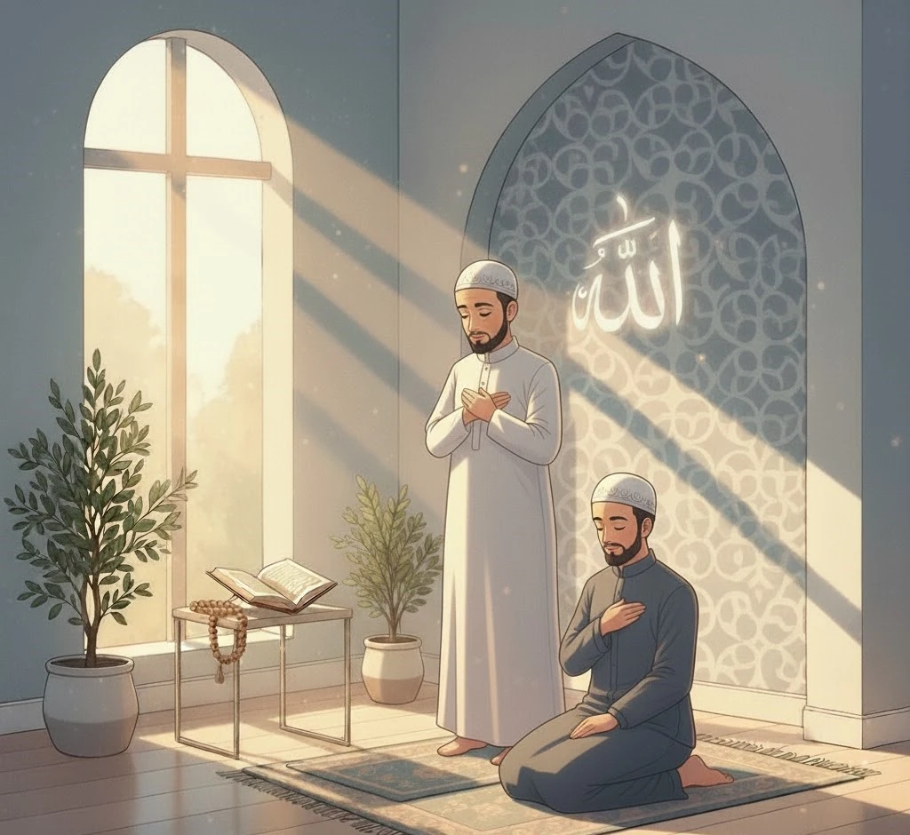 Two Muslim men praying in a mosque with sunlight, Quran, and Arabic calligraphy of ‘Allah’ on the wall
