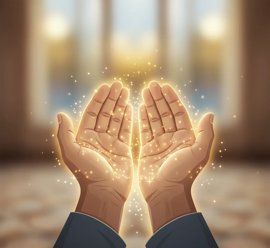 Hands raised in prayer with glowing light and sparkles, symbolizing faith and spirituality.