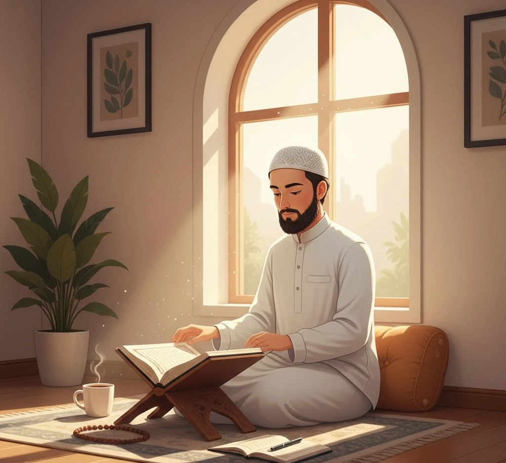 Muslim man reading Quran in peaceful room with sunlight, prayer beads, and coffee cup.