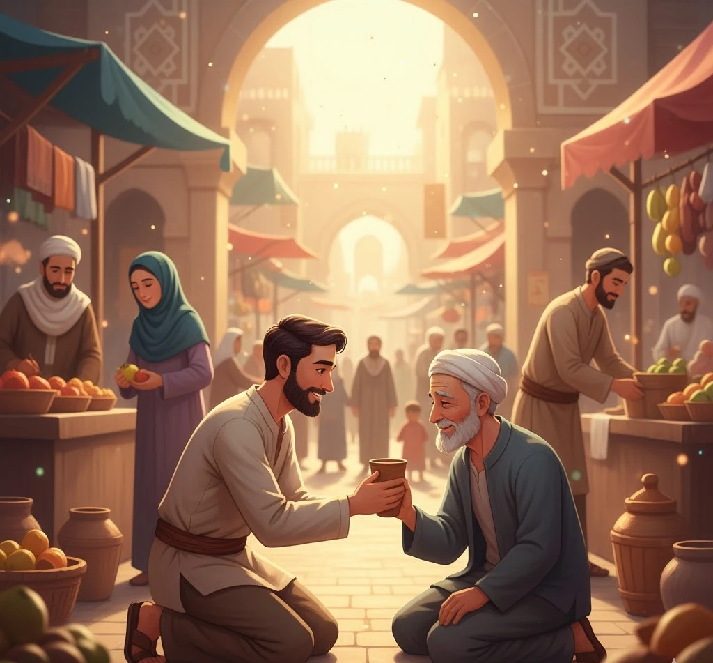 Young man helping elderly man at a busy market, symbolizing kindness and community.
