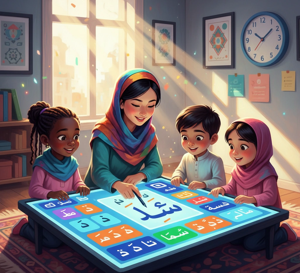 Kids learning Noorani Qaida with teacher guidance, building Quran recitation skills step by step