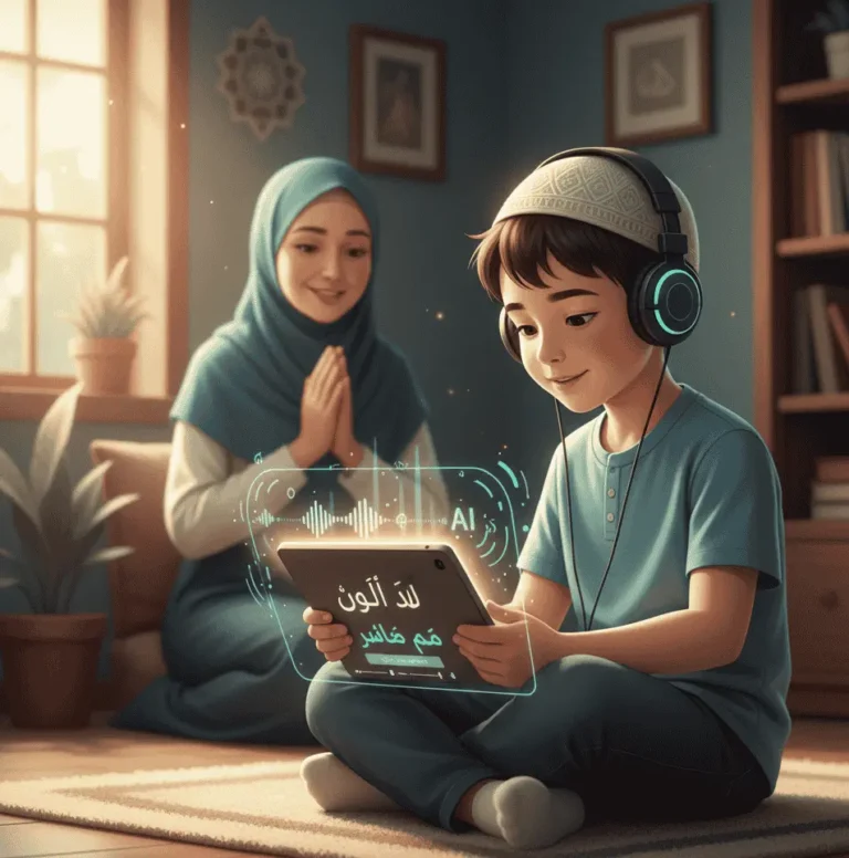 Child reading the Quran online while mother watches in the background/
