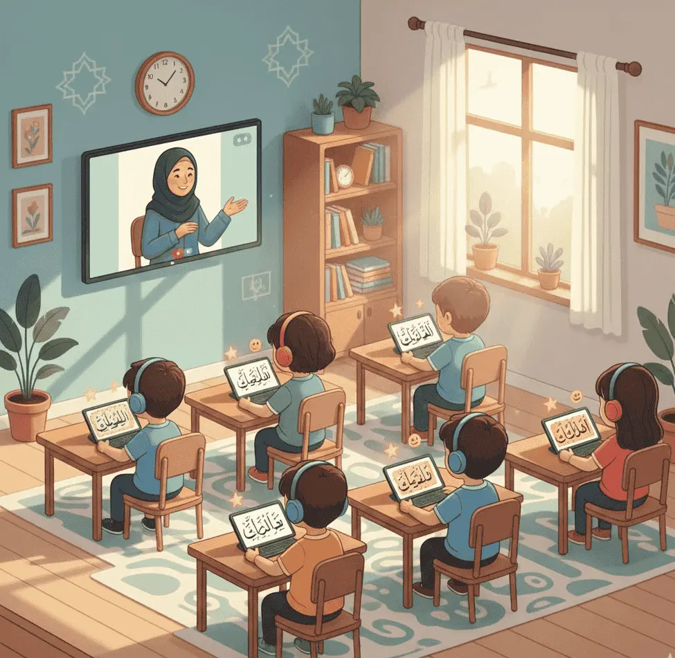 Students learning Quran in a virtual classroom with an online teacher.