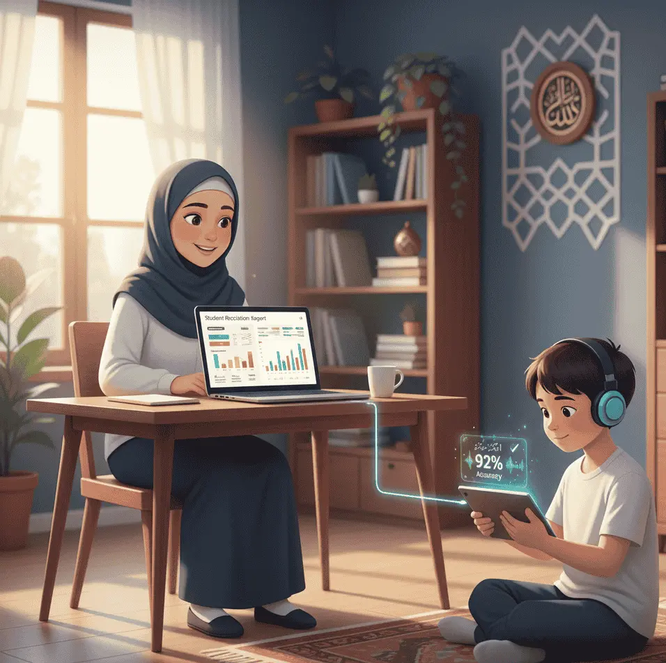 Students viewing their Quran learning progress on an online dashboard.