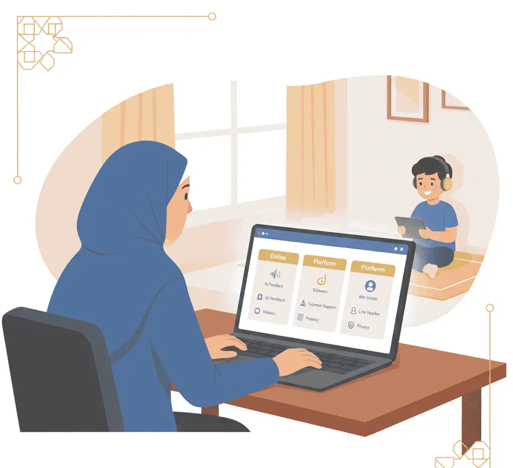 Teacher guiding a student during Quran learning session.