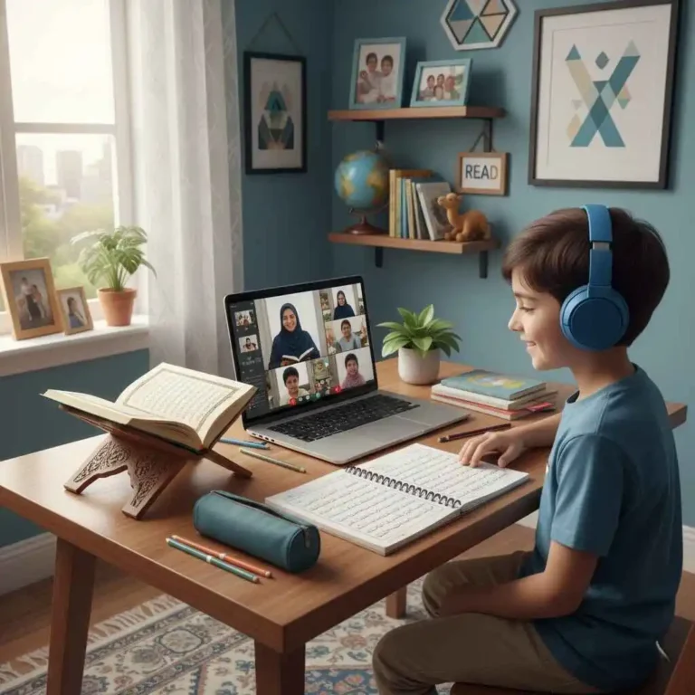 Muslim boy learning Quran online on laptop during virtual Quran class at home.
