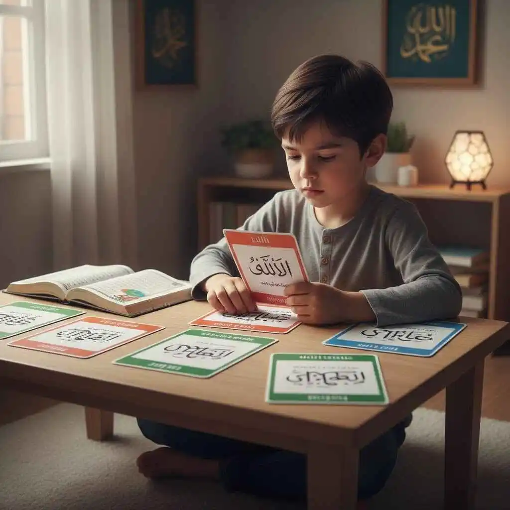 Muslim child sitting at a table reading Noorani Qaida during Quran learning session at home.