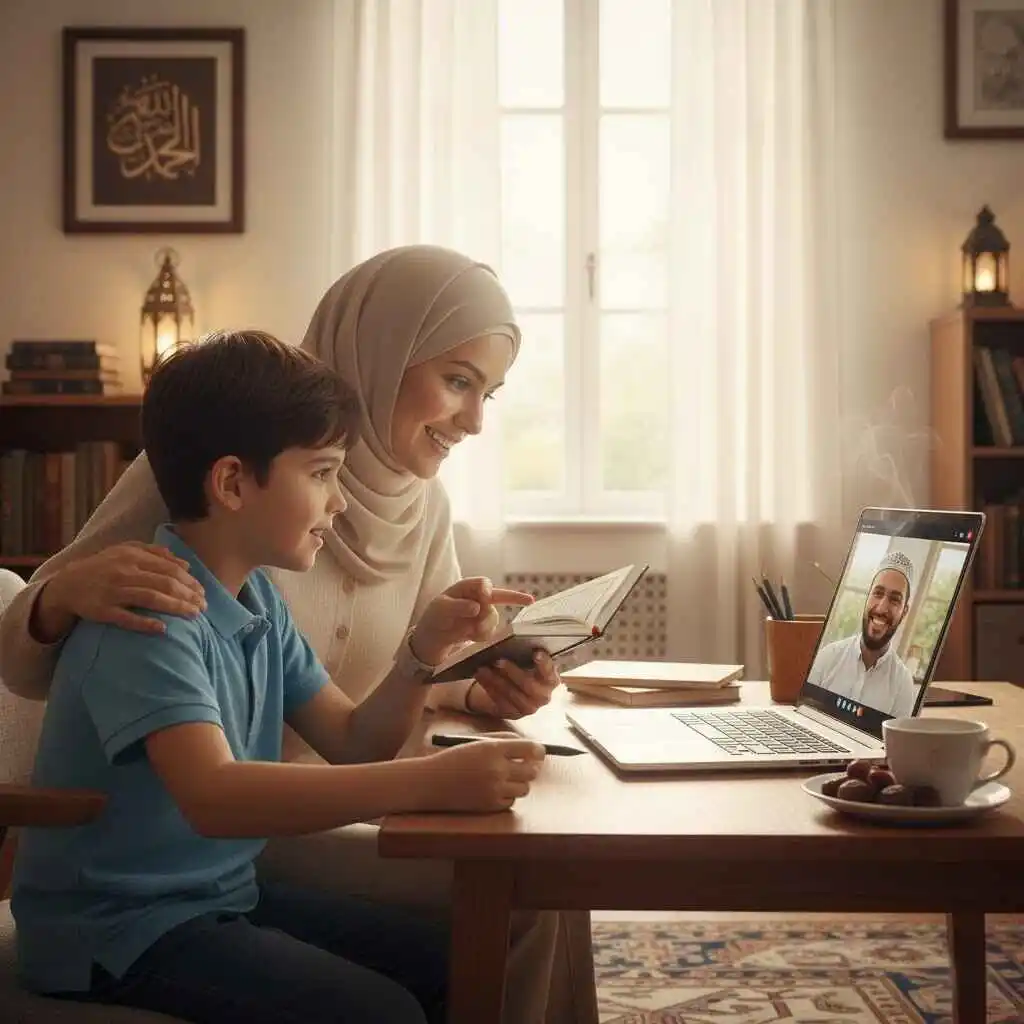 Mother with her child attending an online Quran class with a certified tutor on laptop.