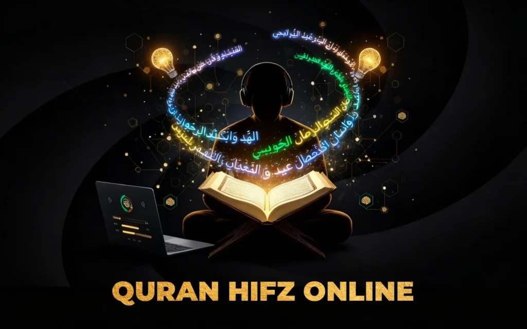 Student memorizing the Quran online with an open Quran, laptop, glowing Arabic text, and illuminated light bulbs symbolizing knowledge.