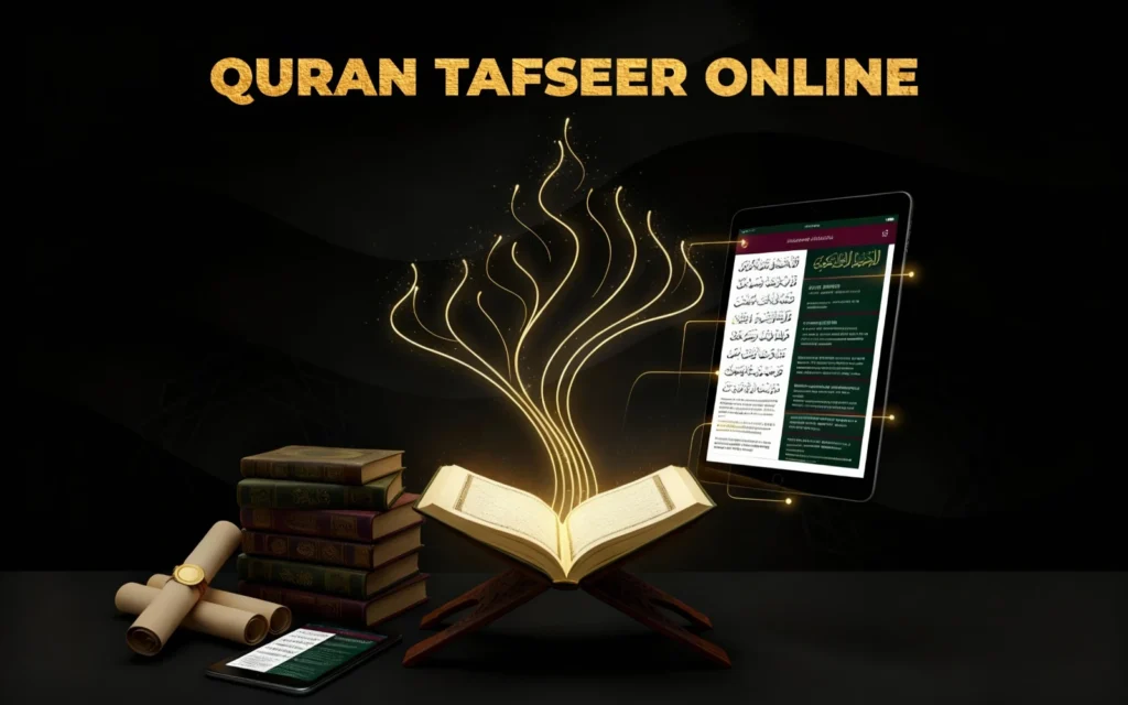 Open Quran with golden light flowing into a digital tablet, symbolizing online Quran Tafseer learning with classical and modern resources.
